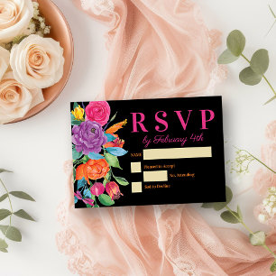 Fiesta Flowers Zwart Waterverf Bloemen RSVP Kaartje