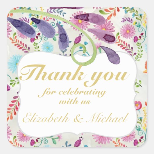 Fiesta Folk Art Waterverf Bloemen Paars DANK JE WE Vierkante Sticker (Voorkant)