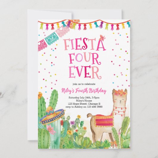 Fiesta Four Ever Girl Fourth Birthday Invitation Kaart (Voorkant)