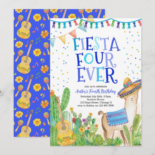 Fiesta Four Ever Llama Boy 4th Birthday Uitnodigin Kaart (Voorkant / Achterkant)