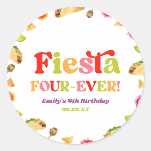 Fiesta Four-Ever Taco 4e verjaardagsfeestje Ronde Sticker (Voorkant)