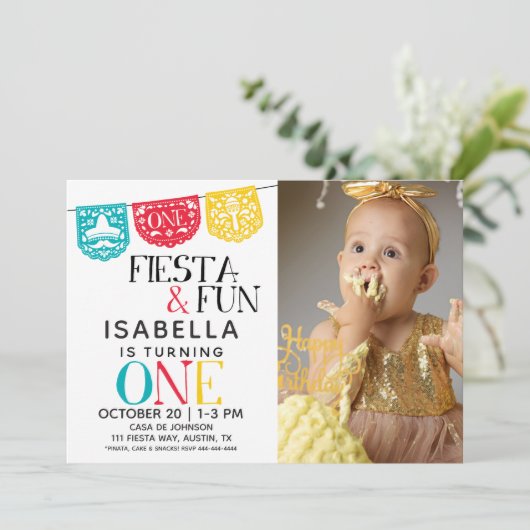 Fiesta & Fun First Birthday Photo Invitation Kaart (Staand voorkant)