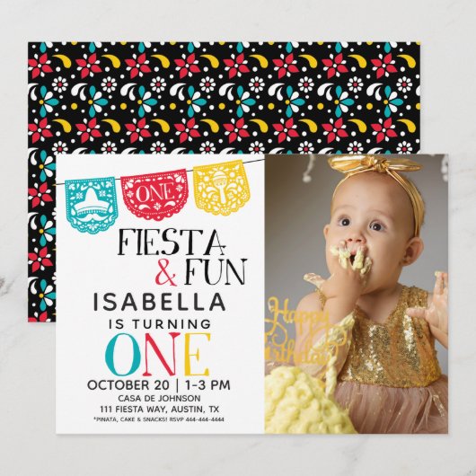 Fiesta & Fun First Birthday Photo Invitation Kaart (Voorkant / Achterkant)