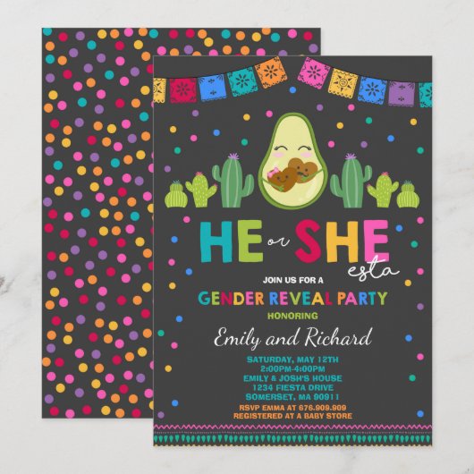 Fiesta Gender onthulling party he or she-Esta onth Kaart (Voorkant / Achterkant)
