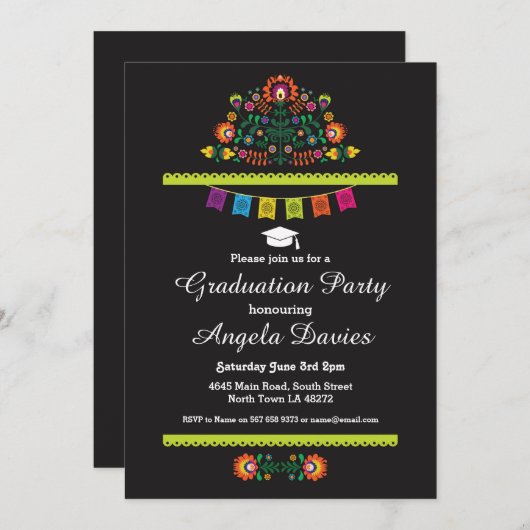 Fiesta Graduation Party Mexican Pattern Pet nodigt Kaart (Voorkant / Achterkant)
