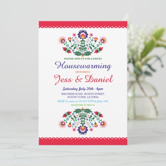Fiesta Housewarming Party Mexican Floral Invite Kaart (Staand voorkant)