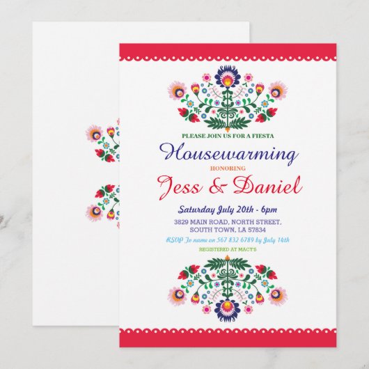 Fiesta Housewarming Party Mexican Floral Invite Kaart (Voorkant / Achterkant)