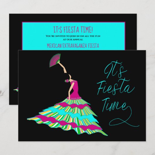 Fiesta Invitation, Flamenco Dancer op Black Kaart (Voorkant / Achterkant)