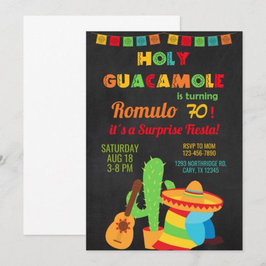 Fiesta jongen/man verjaardagsuitnodiging, elke lee kaart (Voorkant / Achterkant)