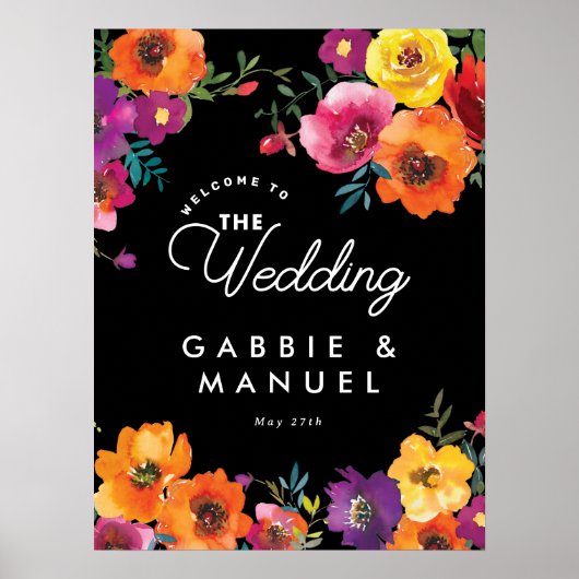Fiesta Kleurrijke Bloemen Zwart Bruiloft Welkomstb Poster (Voorkant)