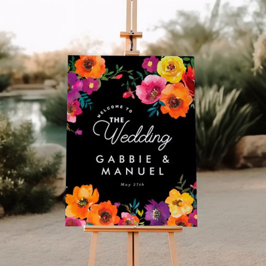Fiesta Kleurrijke Bloemen Zwart Bruiloft Welkomstb Poster