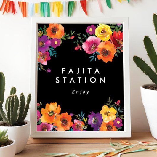 Fiesta Kleurrijke Bloemen Zwart Voedsel Station Si Poster