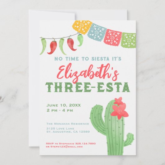 Fiesta Kleurrijke Cactus Drie-esta Verjaardag Kaart (Voorkant)