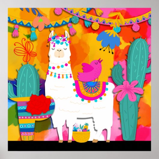Fiesta Llama Cinco De Mayo Colorful Fun Waterverf Poster (Voorkant)
