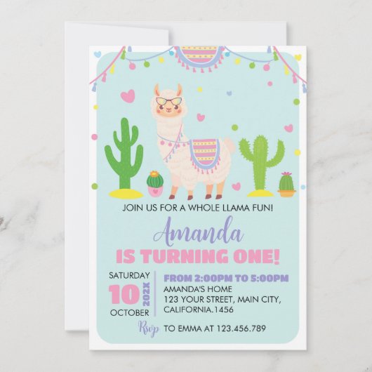 Fiesta Llama Fun 1e Verjaardag Uitnodiging (Voorkant)