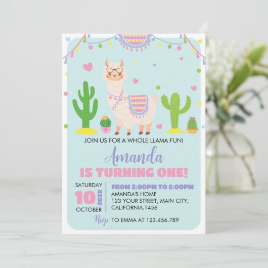 Fiesta Llama Fun 1e Verjaardag Uitnodiging (Staand voorkant)