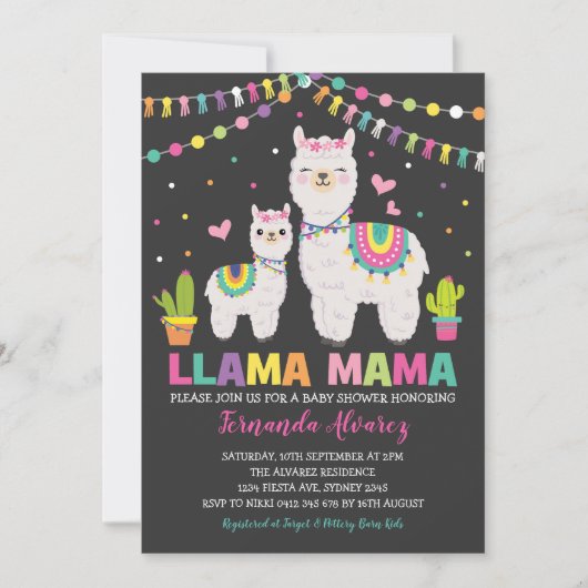 Fiesta Llama Girl Baby shower/Cactus Alpaca Kaart (Voorkant)