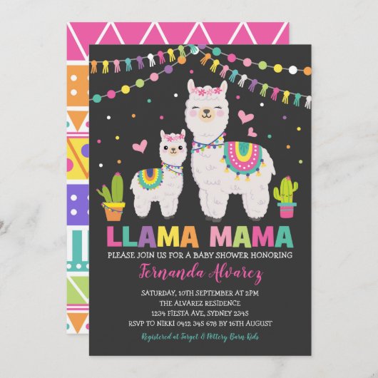 Fiesta Llama Girl Baby shower/Cactus Alpaca Kaart (Voorkant / Achterkant)