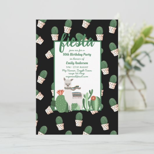 Fiesta Llama Verjaardagsuitnodiging Pret Cute Cact Kaart (Staand voorkant)