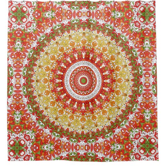 Fiesta Mandala Patroon in rood, geel en groen Douchegordijn (Voorkant)