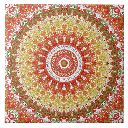 Fiesta Mandala Patroon in rood, geel en groen Tegeltje (Voorkant)