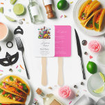 Fiesta Margaritas Bachelorette Weekenduitnodiging Handwaaier<br><div class="desc">Maak je klaar om je vrijgezellenweekend op te fleuren met deze levendige, fiesta-thema uitnodigende hand fan. Met kleurrijke taco's, tequila en margarita graphics met hot-roze accenten, dit ontwerp vangt de leuke en levendige sfeer van een Mexicaanse fiesta. De achterkant bevat een gedetailleerd reisschema om gasten op de hoogte te houden...</div>