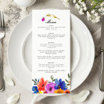 Fiesta Mexicaans Spaans Kleurrijke Bloemen Huwelij Menu<br><div class="desc">Voeg een vleugje levendige cultuur toe aan uw bruiloft met ons op het feest geïnspireerde Mexicaanse, Spaanse bloemige huwelijksmenu. Dit prachtig ontworpen menu is versierd met bloemmotieven in een rel van gedurfde kleuren - rijke rode wijnen, zonnige gele kleuren, heldere blues en weelderige greens - die de essentie van een...</div>