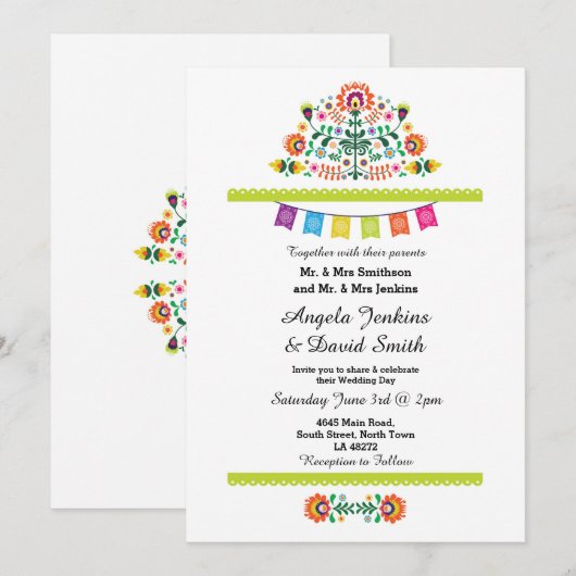 Fiesta Mexicaanse bruiloft kleurrijke uitnodiging (Voorkant / Achterkant)