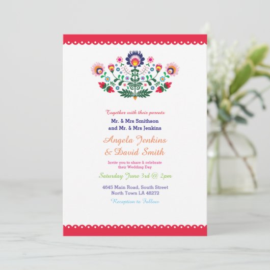 Fiesta Mexicaanse bruiloft kleurrijke uitnodiging (Staand voorkant)