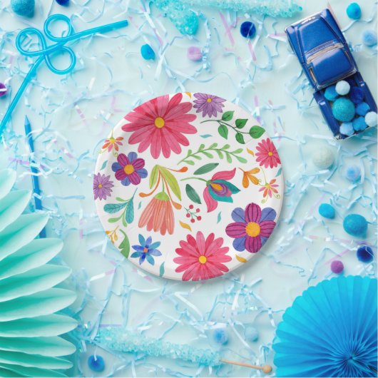 Fiesta Mexicaanse Folk Waterverf Bloemen Verjaarda Papieren Bordje (Feest)