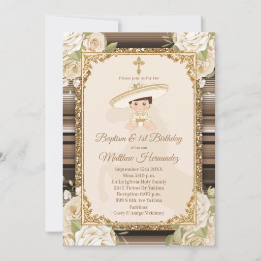 Fiesta Mexican Boy Gold Baptism & Birthday Invite Kaart (Voorkant)