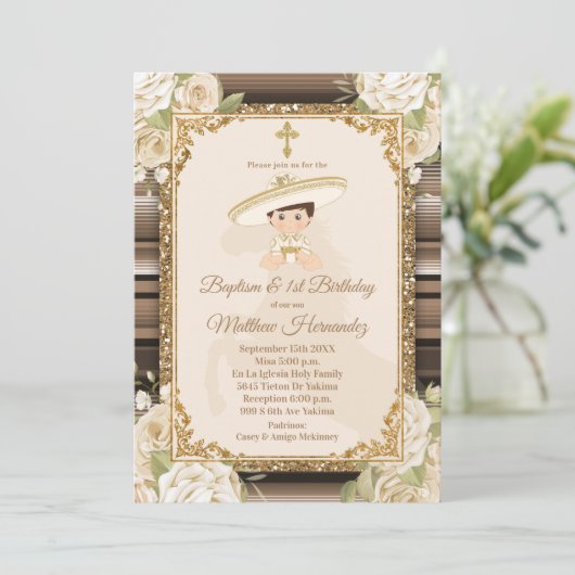 Fiesta Mexican Boy Gold Baptism & Birthday Invite Kaart (Staand voorkant)