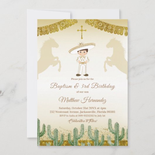 Fiesta Mexican Boy Gold Baptism & Birthday Invite Kaart (Voorkant)