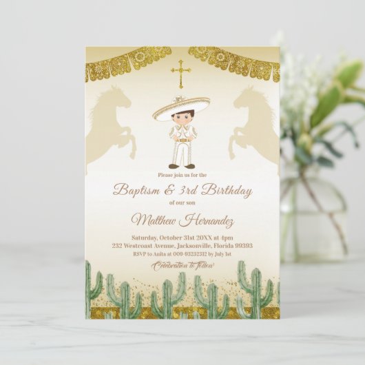 Fiesta Mexican Boy Gold Baptism & Birthday Invite Kaart (Staand voorkant)