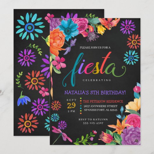 Fiesta Mexican Floral Birthday Invitation Kaart (Voorkant / Achterkant)