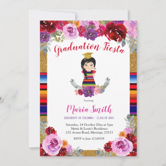 Fiesta Mexican Floral Girl Afstuderen Kaart (Voorkant)