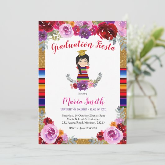 Fiesta Mexican Floral Girl Afstuderen Kaart (Staand voorkant)