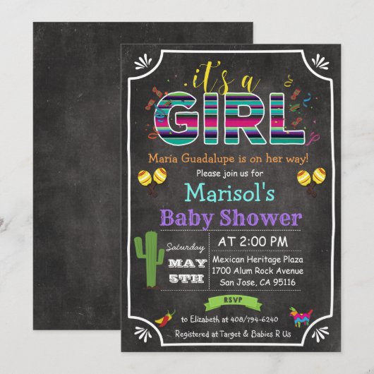 Fiesta Mexican Girl Baby shower Invitation Kaart (Voorkant / Achterkant)