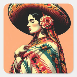  Fiesta Mujer Mariachi Mexicana Vierkante Sticker