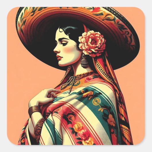  Fiesta Mujer Mariachi Mexicana Vierkante Sticker (Voorkant)