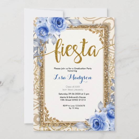 Fiesta Navy Blue Afstuderen Invitation Party Kaart (Voorkant)