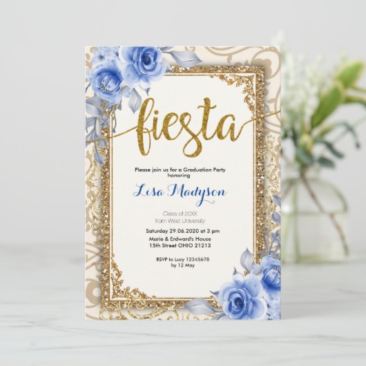 Fiesta Navy Blue Afstuderen Invitation Party Kaart (Staand voorkant)