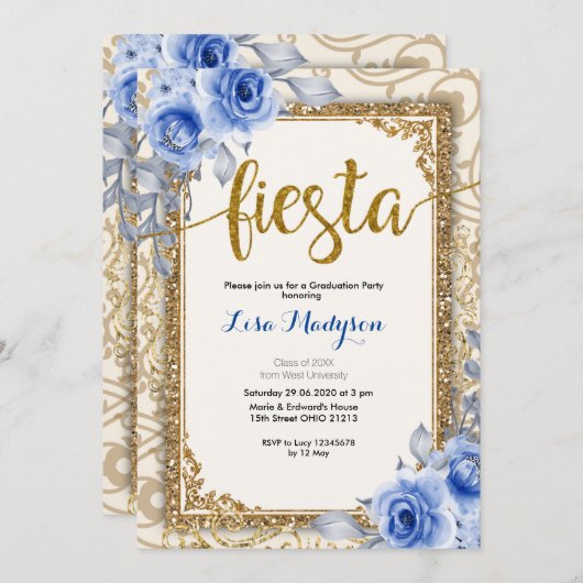 Fiesta Navy Blue Afstuderen Invitation Party Kaart (Voorkant / Achterkant)