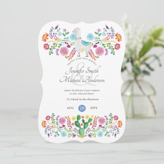 Fiesta Oefenavondmaal Llama Folk Bloemen Cactussen Kaart (Staand voorkant)