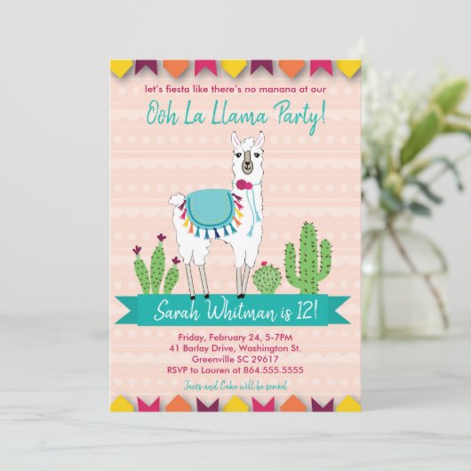 Fiesta, Ooh La Llama Verjaardag Uitnodiging (Staand voorkant)