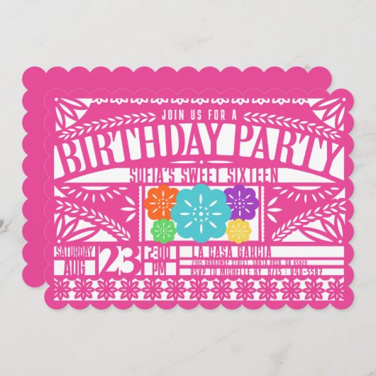 Fiesta Papel Picado Vlag FUCHSIA Sweet 16 Verjaard Kaart (Voorkant / Achterkant)