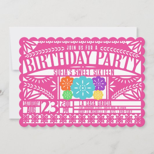 Fiesta Papel Picado Vlag FUCHSIA Sweet 16 Verjaard Kaart (Voorkant)