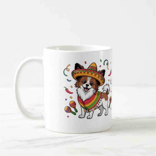 Fiesta Papillon Hond met Sombrero en Sarape Koffiemok (Links)