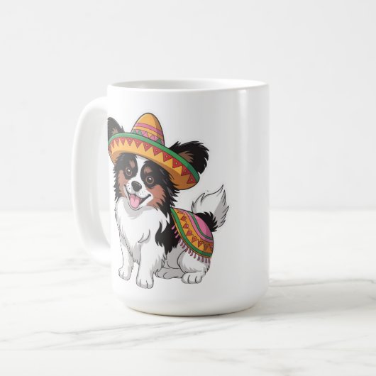 Fiesta Papillon Hond met Sombrero en Sarape Koffiemok (Voorkant links)