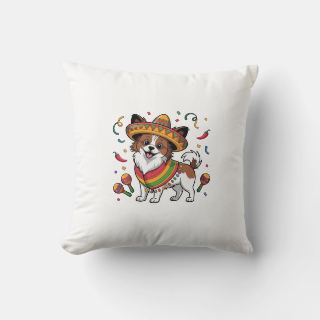 Fiesta Papillon Hond met Sombrero en Sarape Kussen (Voorkant)